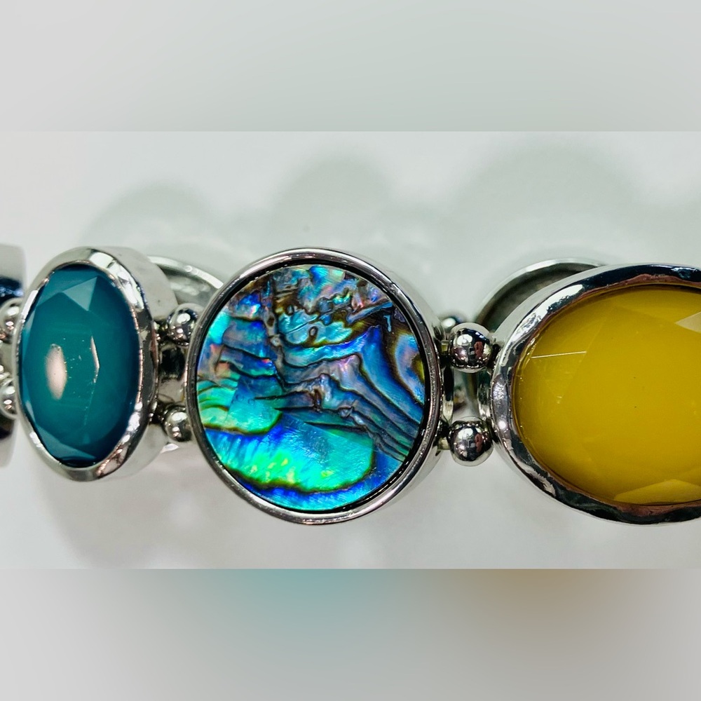 Stretch Bracelet, Abalone,Turquoise & Multi-Stone Silver Link Blue-Green, Yellow